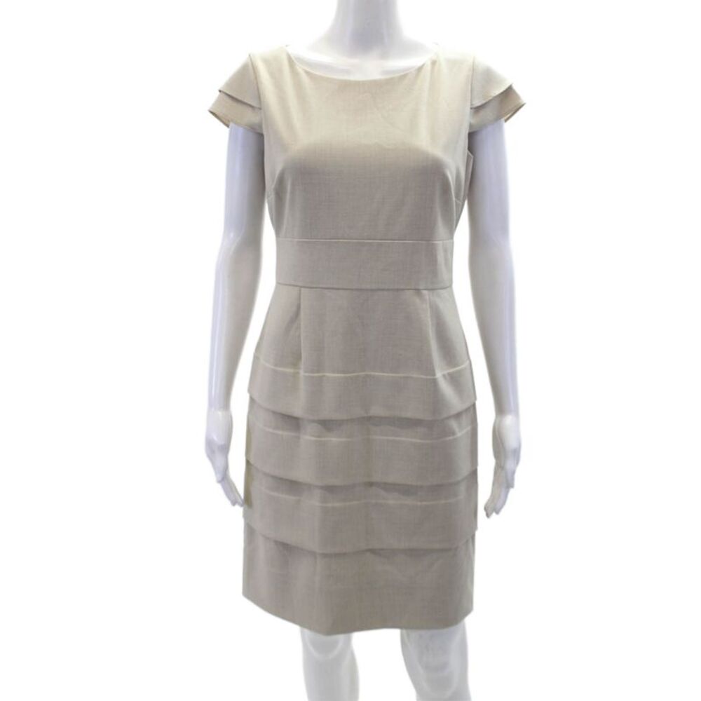 Tahari Levine Womens Tiered Cap Sleeve Straight Pencil Dress Beige Size 6P